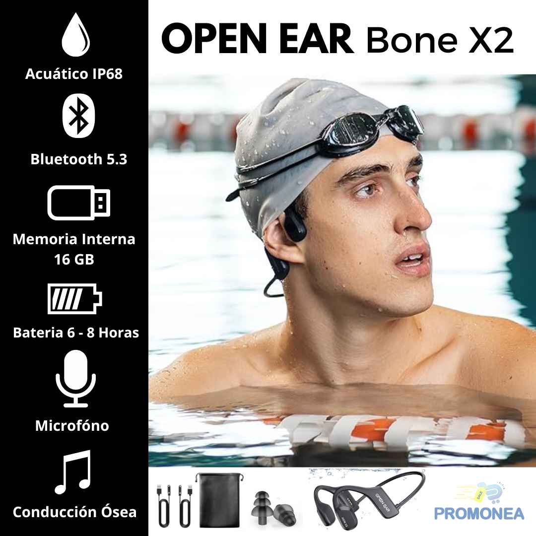 Audífono Acuático OPENEAR BONE X2 – Bluetooth 5.3, MP3 16GB, Conducción Ósea, IP68, Llamadas y Asistente de Voz