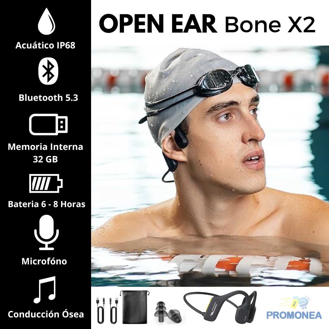 Audífonos Acuáticos para Natación OPENEAR BONE X2 – Bluetooth 5.3, MP3 32GB, Conducción Ósea, Impermeables IP68, Llamadas y Asistente de Voz